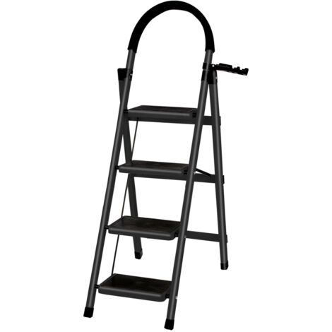 Klappbarer Leiterhocker, Tritthocker, 4-stufiger Sicherheits-Klapphocker, Karbonstahl, 133 x 74 x 39 cm, Schwarz