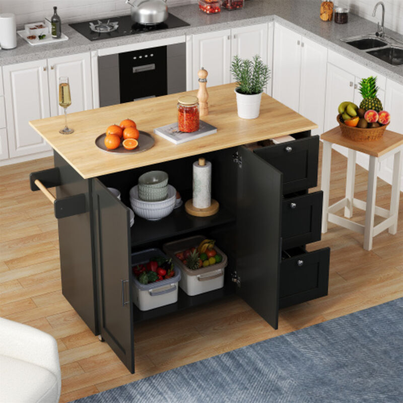 Okwish Klappbarer Servierwagen Mit 3 Schubladen Und 2 Türen, Schwarz Und Natur, 135x44(70)x90 Cm