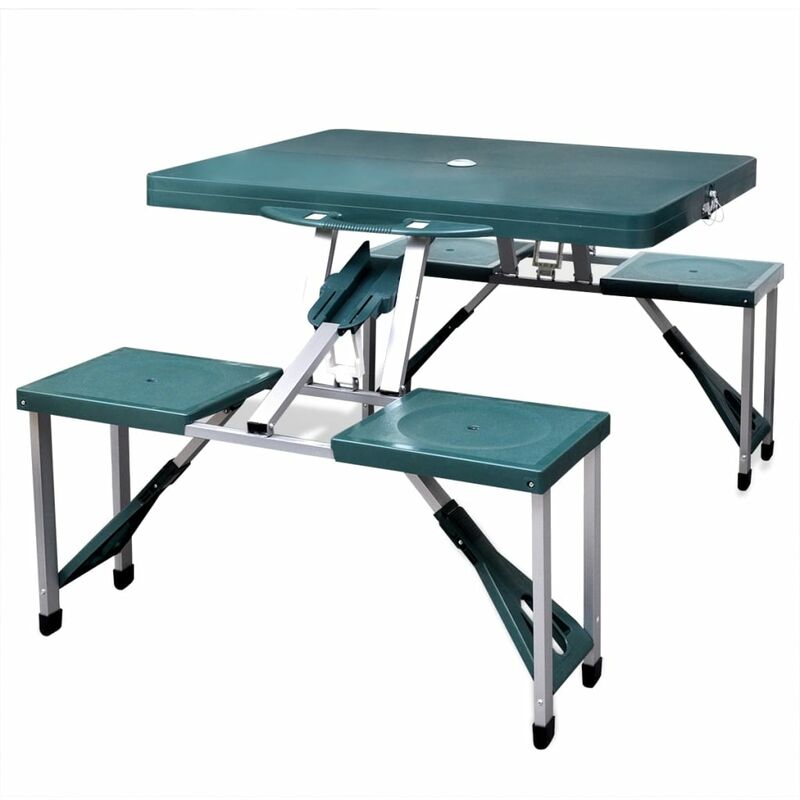 Wiltec Aluminium Koffertisch mit Zwei Bänken silberfarben 90x66x70 cm klappbar Campingtisch Sitzgruppe 