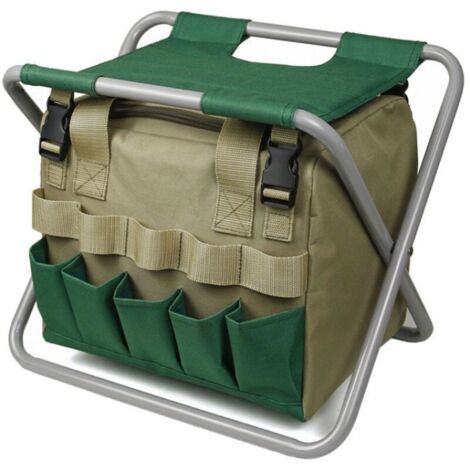 Klapphocker für Garten mit Aufbewahrungstasche & 5 Gartengeräten, Holzgriffe, faltbarer Sitz mit Tragegurt, Arbeitshöhe 31 cm, braun (35x28x31 cm)