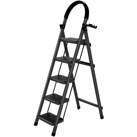 Klapptritt mit 5 Stufen Klappbar Stahl mit Haltegriff 39 x 87 x 152 cm Schwarz