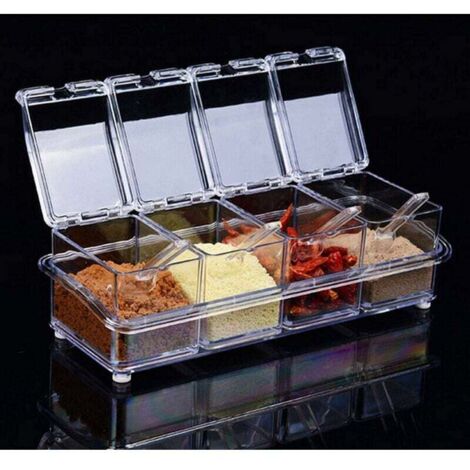 Klar - 4 Fächer Gewürzbox-Set Gewürzgläser Transparent Salz, Gewürzgläser Küche Gewürzgläser mit 4 Löffel Deckel und Löffel