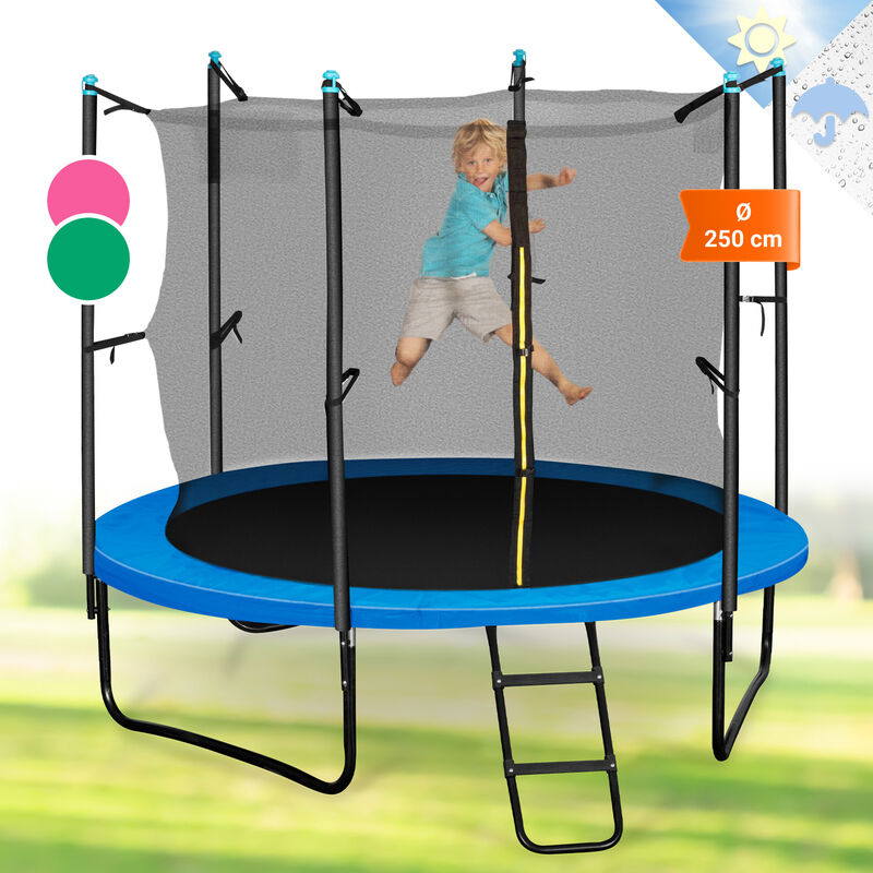 Rocketboy 250 Trampoline 250cm filet de sécurité, large échelle, bleu