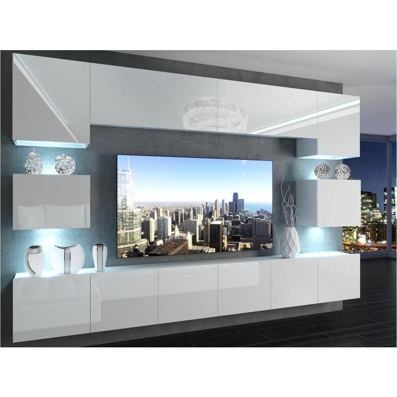 KLARI - Ensemble meubles TV + LED - Unité murale style moderne - Largeur 300 cm - Mur TV à suspendre finition gloss - Blanc