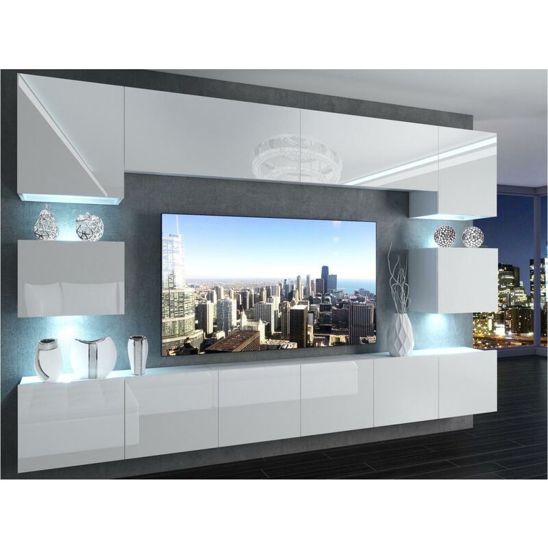 

KLARI | Conjunto de muebles de TV | Unidad de pared de estilo moderno | Ancho 300 cm | colgante de pared para TV con acabado brillante - Blanco