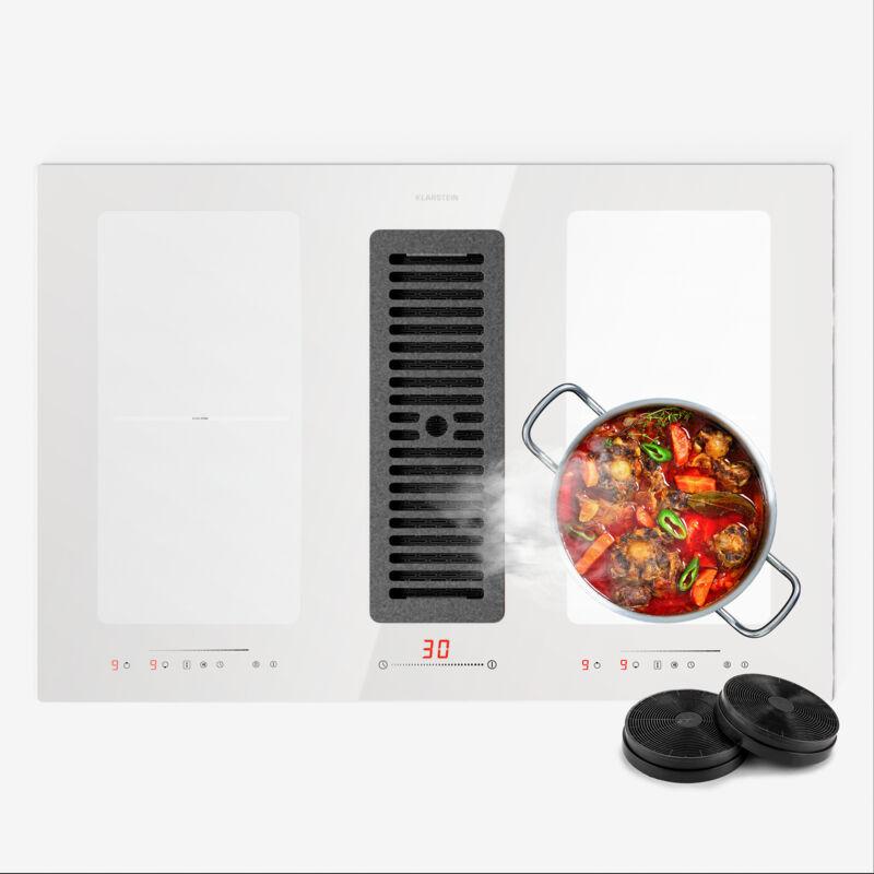 Klarstein - 2 en 1 Plaque de Cuisson Induction avec une Hotte Aspirante pour Ilots, Table de Cuisson à 4 Anneaux avec Flex Zone, Commande Tactile,