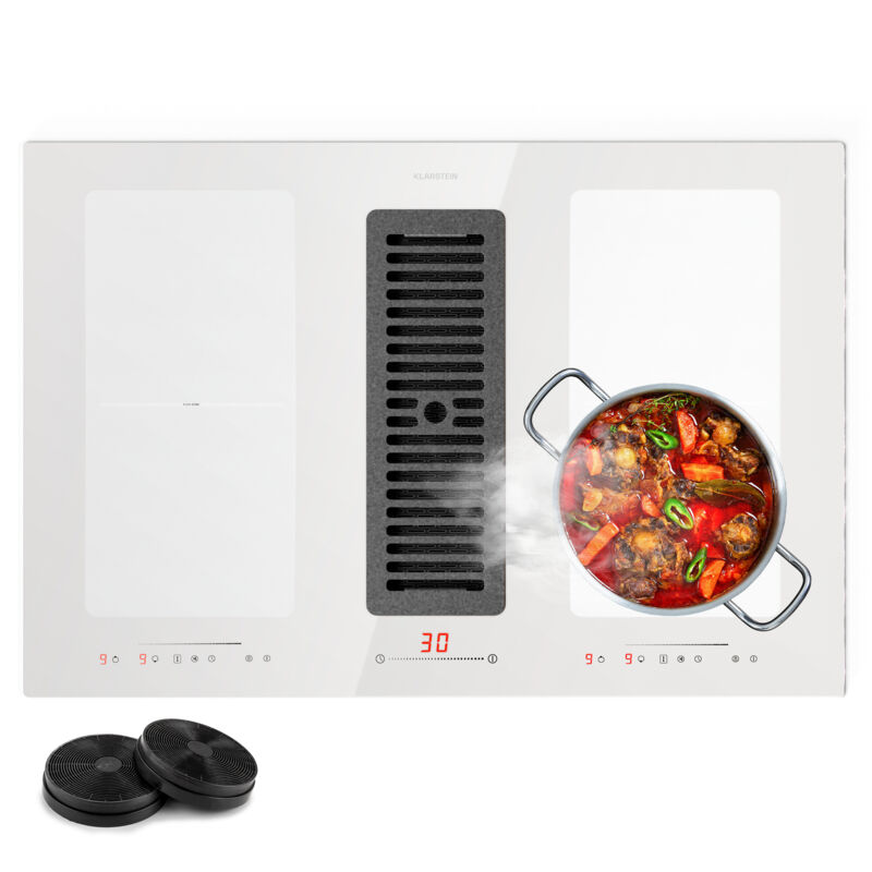 Klarstein 2 en 1 Plaque de Cuisson Induction avec une Hotte Aspirante pour Ilots Table de Cuisson à 4 Anneaux avec Flex Zone Commande Tactile Hotte