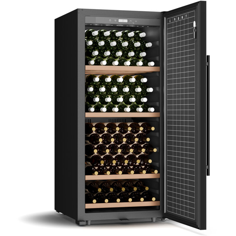 Klarstein Cellarmax Weinkühlschrank Freistehend - 155 Flaschen, 5-20 °c, Touch-bedienung, Metalltür, Holzregale, Alarm, Energieklasse E, Großer