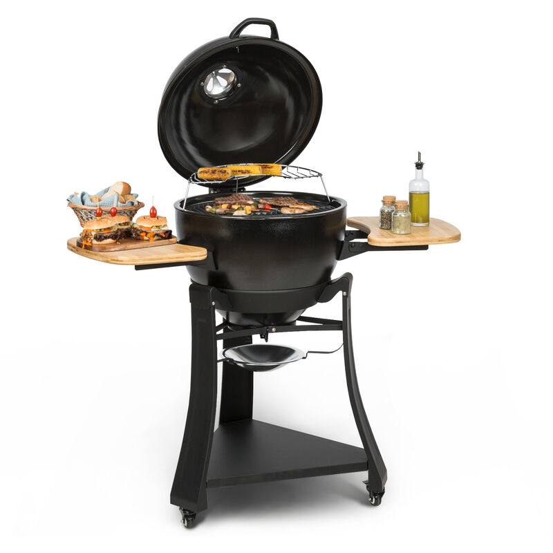 

Duomo Barbacoa kamado Termómetro Mesas laterales móviles Acero inoxidable Cerámica Ø49cm Parrilla de hierro fundido