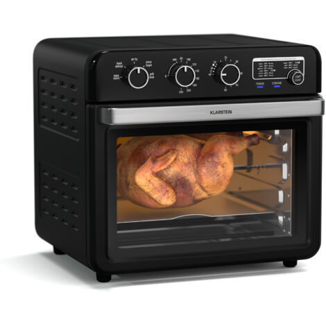 Klarstein AirGlaze Heißluftfritteuse  34 L, 2000 W, 9 Programme, Drehknopfsteuerung, Rotisserie, Panoramascheibe, Zubehörset: Grillrost, Bratkorb, Backblech, Drehspieß, Schwarz
