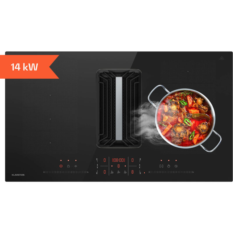 Klarstein - AirJet FlexPro Table à induction avec Hotte intégrée - cee a++, 750 m³/h, 14 kW, 4 Zones, Boost, Silencieux 58 dB, Commande tactile, Noir