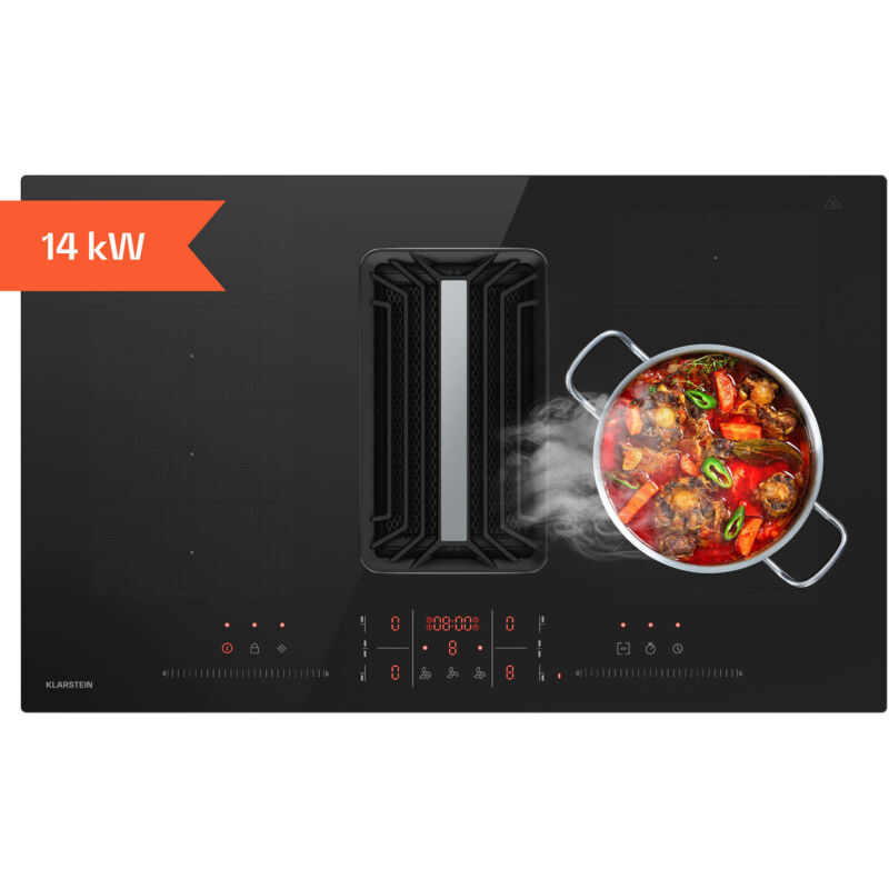 Klarstein - AirJet FlexPro Table à induction avec Hotte intégrée - cee a++, Débit 750 m³/h, 14 kW, 4 Zones, Boost, Silencieux 58 dB, Commande