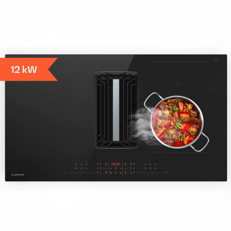 Klarstein AirJet Hybrid Plaque de cuisson à induction 90 cm avec hotte intégrée 600 m³/h A+ Flexzone Noir