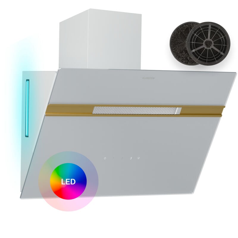 Klarstein - Alina hotte aspirante - 60 cm hotte murale, 600 m³/h, éclairage led 9 couleurs, tactile, classe énergétique a, 52 dB, blanc-doré,