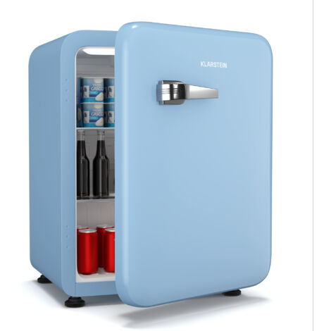 Klarstein Audrey Evo 68L Retro Mini Fridge - Quiet 40 dB, Adjustable Thermostat, Reversible Door, LED Lighting, Bedroom Fridge, Small Fridge for Bedrooms, Offices, Blue
