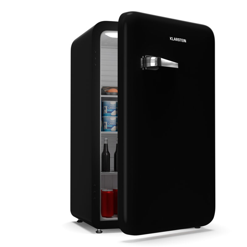 Klarstein Audrey Evo Réfrigérateur Rétro, 112L, Frigo Noir 1 Porte, Silencieux 40 dB, Porte Réversible, Pieds Réglables, Thermostat 0-10°C, Noir