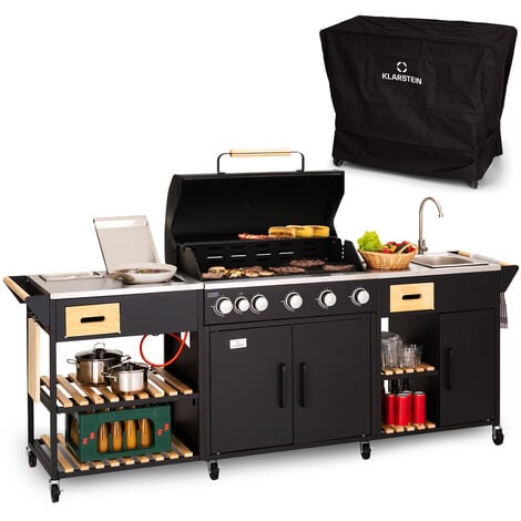 Klarstein Barbecue Gaz Camping avec 6 Brûleurs à Gaz, Plancha au Gaz de 20700W, Gril à Gaz en Acier Inoxydable, BBQ Feu a Gaz, Plancha Gaz Inox, Cuisinière Extérieure Camping Gaz Propane, Thermomètre