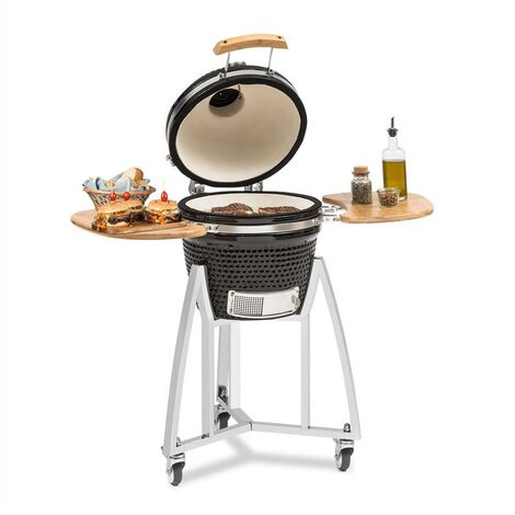 Klarstein – Barbecue Kamado charbon 34,5 cm inox – Dôme céramique pour chaleur intense – Thermomètre intégré – 101 x 124 x 53 cm – Noir