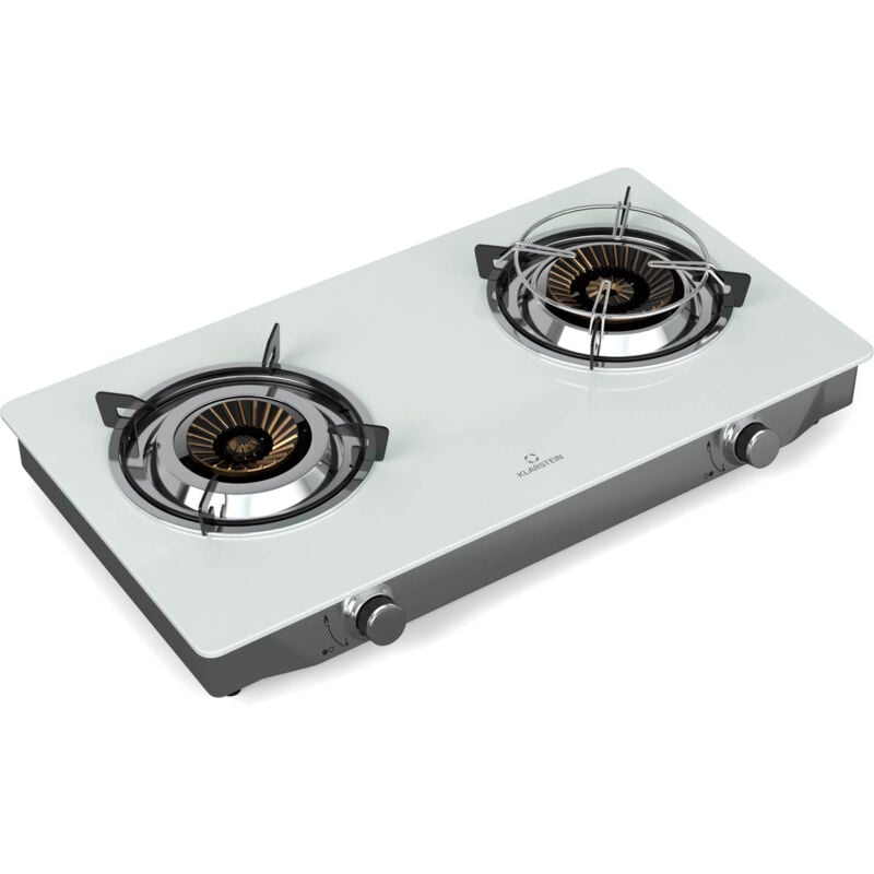 Klarstein - Barzona Plaque de Cuisson Gaz, 2 Brûleurs, 7,7kW, Acier Inox & Verre, Allumage Piézo, Sécurité ffd, Ensemble Complet, Portable Camping,