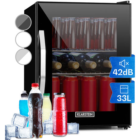 Klarstein Beer Fridge, Glass Mini Fridge for Bedrooms, Food, & Drinks, Small Fridge Wine Cooler, Glass Door Drinks Fridge, 33L Table Top Fridge w/ Removable Shelves, Indoor/Outdoor Home Bar Storage