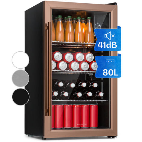 Klarstein Beersafe XXL Beer Fridge, Glass Mini Fridge for Bedrooms, Quiet Small Fridge Wine Cooler, Indoor/Outdoor Home Bar Storage for Beverages, Soft Drinks, Removable Shelves, 3-10°C, 80L