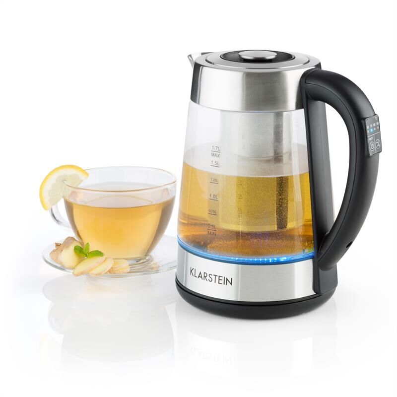 Klarstein - Bouilloire - 1,7 l & passe-thé - 2-en-1 - 2200W led - Bouilloire électrique - inox & verre - Théière - Filtre calcaire en inox intégré