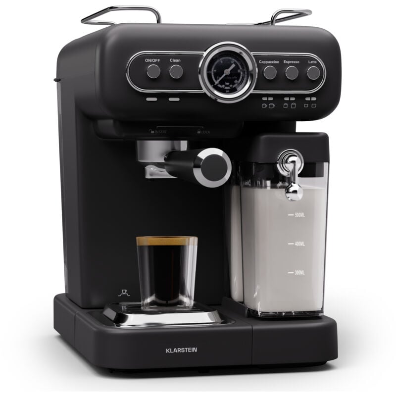 Klarstein - Cafetiere avec Mousseur de Lait, Cafetières, Machines à Café et Machines à Expresso 19 Bar, Cafetière Electrique Acier Inoxydable 1350W,