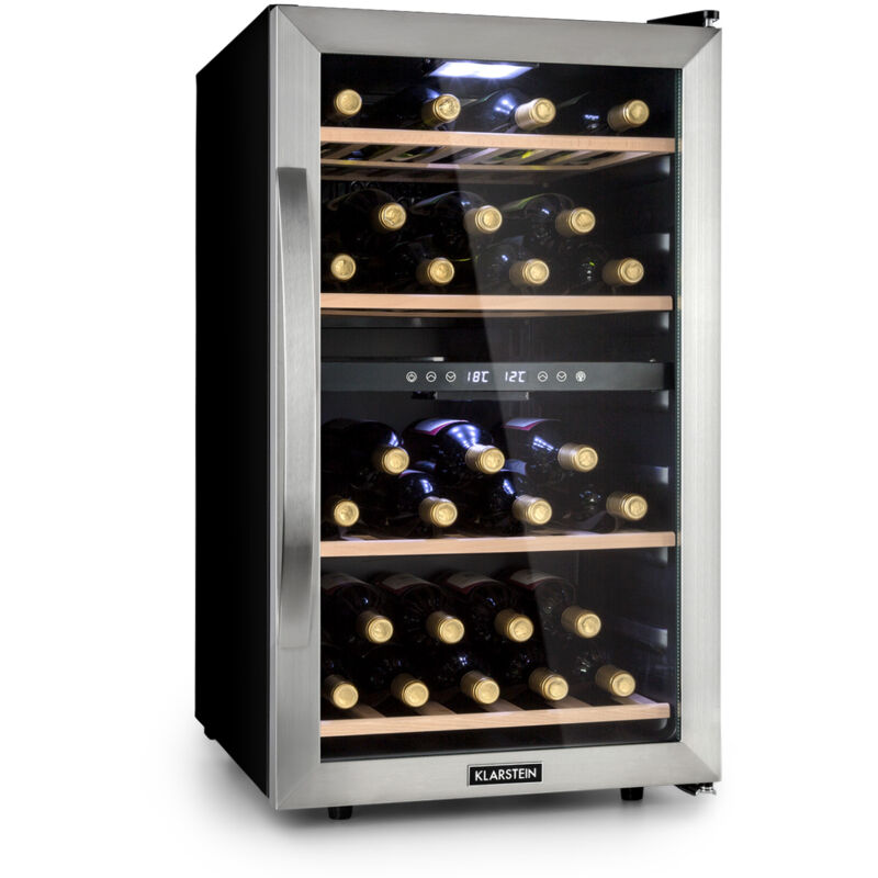 Klarstein - Cave à vin 12 bouteilles, cave de service avec étagères en bois amovibles, porte en verre, commande tactile, écran lcd, éclairage