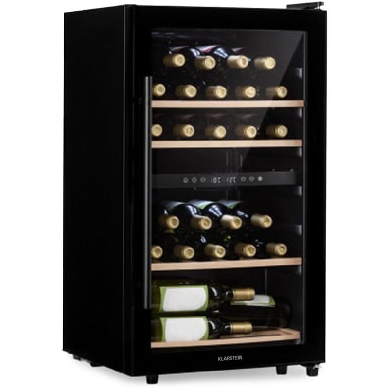 Klarstein - Cave à vin 34 bouteilles, cave de service avec étagères en bois amovibles, porte en verre, commande tactile, écran lcd, éclairage