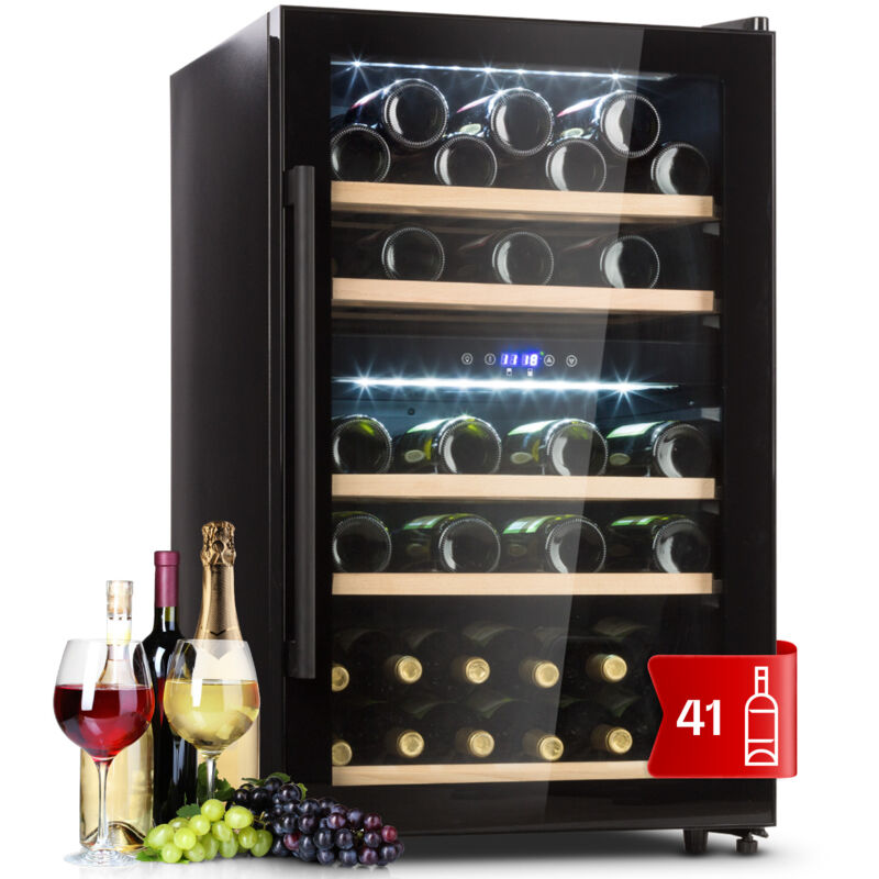 Cave à vin 41 bouteilles, cave de service avec étagères en bois amovibles, porte en verre, commande tactile, écran lcd, éclairage intérieur, temp de