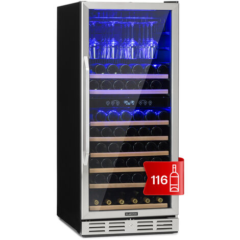 Klarstein – Cave à vin de vieillissement 116 bouteilles – Encastrable avec porte en verre – Zones de température réglables 5-12°C et 10-20°C – Éclairage intérieur LED