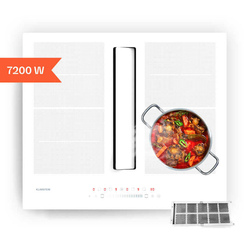 Klarstein Chef-fusion Induction Hob With Extractor - 2-in-1 Cooktop & Range Hood, 7200 W Flex Zone, 590 M³/h Air Flow, A Energy Efficiency, Glass
