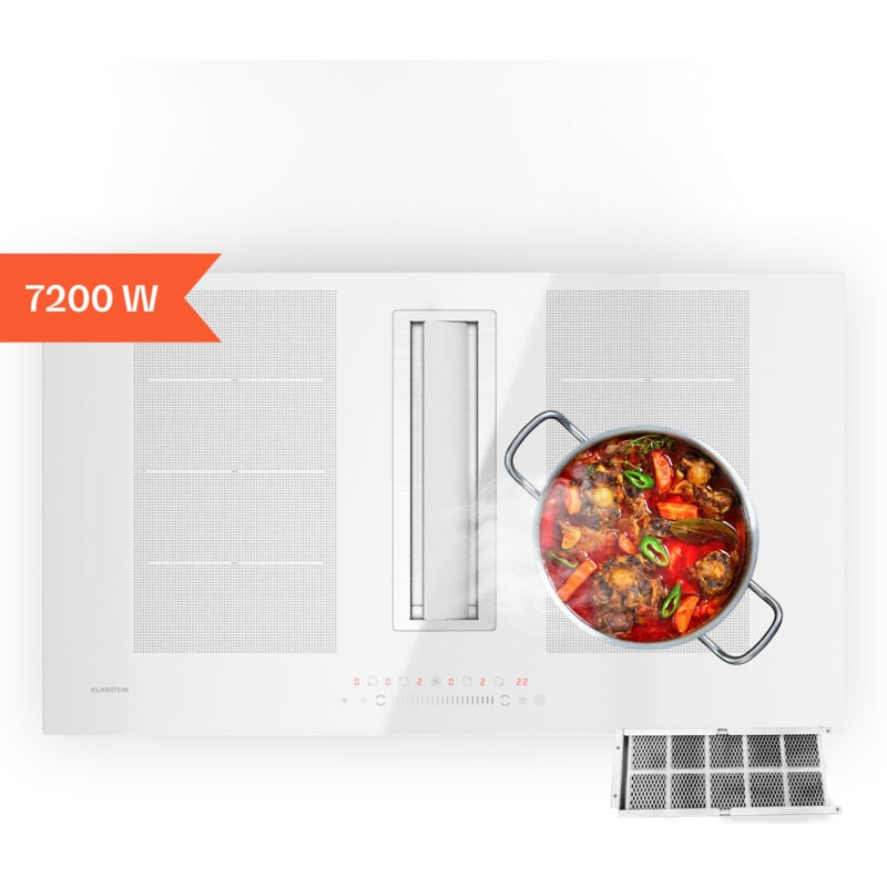 Chef-Fusion table à induction avec hotte intégrée - 7200 w Flex-Zone, 610 m³/h, classe a, commande tactile, design verre, gain de place, acier