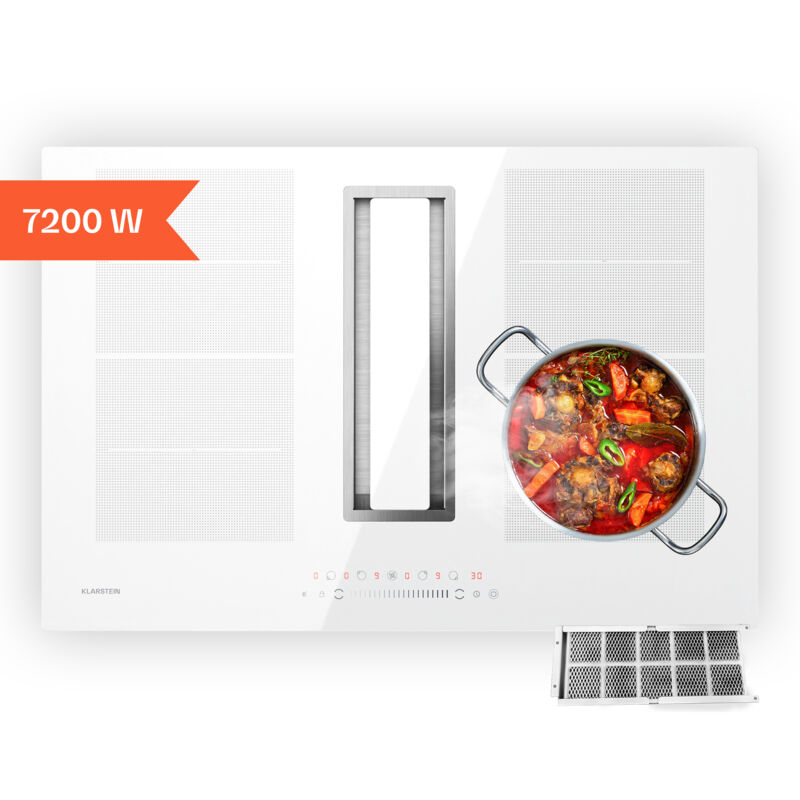 Chef-Fusion table à induction avec hotte intégrée - 7200 w Flex-Zone, 610 m³/h, classe a, commande tactile, design verre, gain de place, acier
