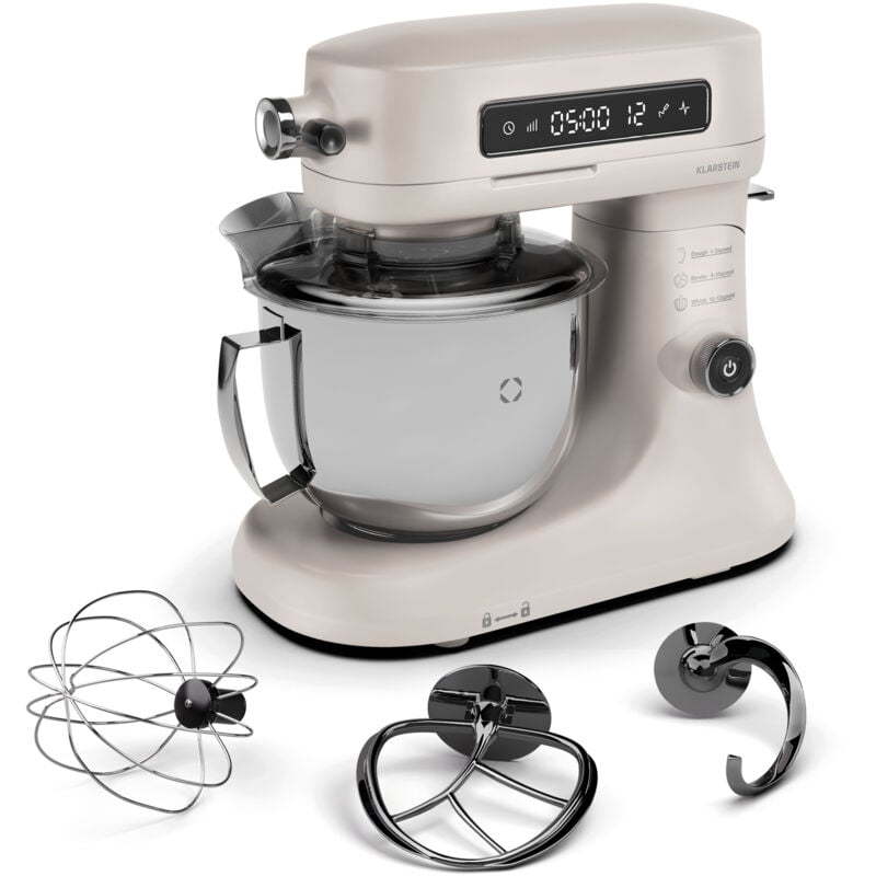 Klarstein Chiara robot de cuisine multifonctions – 1600 W, bol inox 5 L, 12 vitesses, écran tactile LCD, silencieux 72 dB, accessoires lavables, set