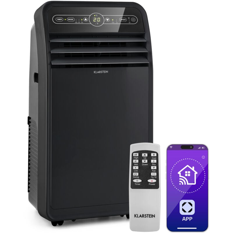 Klarstein Climatiseur Mobile Silencieux, Smart Climatiseur 4 en 1, Mode Nuit, Déshumidificateur, Ventilateur, Mini Climatisation à Faible Conso,