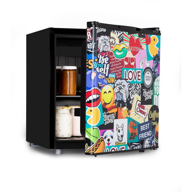 Klarstein - Cool Vibe - réfrigérateur, classe d'efficacité énergétique e, porte avec sticker imprimé bd, compartiment congélateur, bac à glaçons,