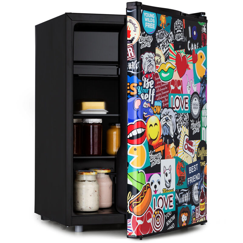 Klarstein - Cool Vibe - réfrigérateur, classe d'efficacité énergétique e, porte avec sticker imprimé bd, compartiment congélateur, bac à glaçons,