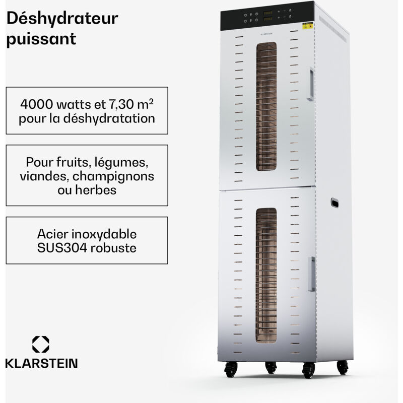 Klarstein Déshydrateur Alimentaire 4000W Professionnel, 48 Étagères Inox, 30-90°C, Minuterie 24h, 6 Ventilateurs, 2 Chambres, Déshydrateur Fruits &