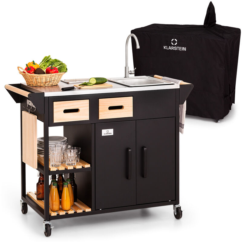 Klarstein - Desserte à Roulettes, Chariot Rangement Cuisine sur Roulettes, Ilot Central Cuisine avec Rangement, Évier, Bac à Glacons et Poubelle,