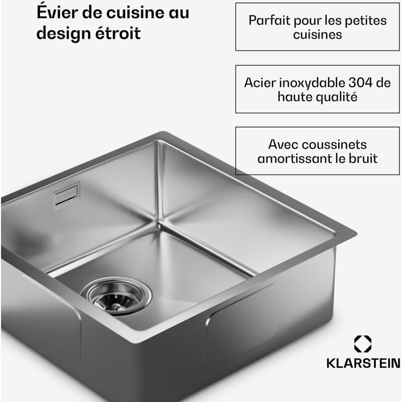Klarstein - evier cuisine 45 x 45cm en acier inoxydable avec trop-plein et crepine - evier multifonction robuste - pour un robinet cuisine