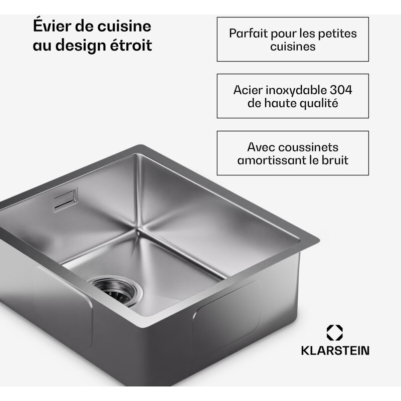 Klarstein - vier de cuisine multifonction en acier inoxydable 39 x 45 cm avec trop-plein et crepine - Robuste, durable avec robinet de cuisine, ideal