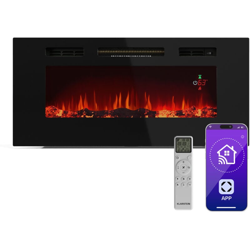 Klarstein - Galeras Smart Cheminée électrique Effet de flamme Murale - 1800 w, led Réaliste, Contrôle par appli & Télécommande, Couleurs & Luminosité