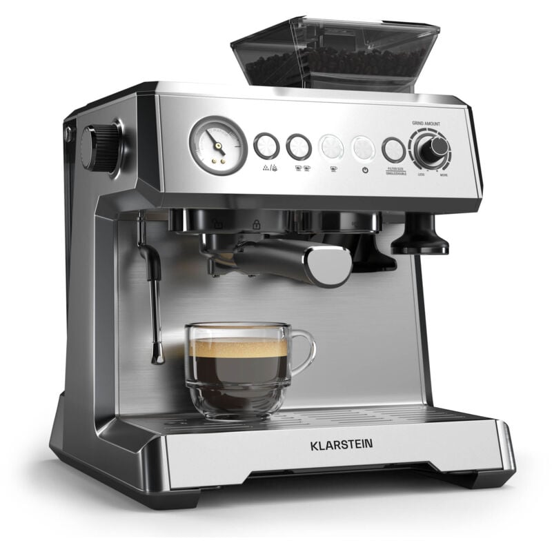 Klarstein - GrandPresso Machine à Café Grain – 20 Bars, 1350W, Moulin Intégré, Buse Vapeur, Réservoir 2.3L, Machine Expresso, Chauffe-Tasses, Facile