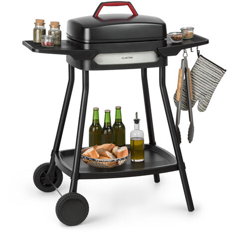 Klarstein – Grill barbecue électrique 2000W sur pied – Plaques en aluminium antiadhésives 40 x 36 cm – Système d'évacuation de graisse – Capot inox