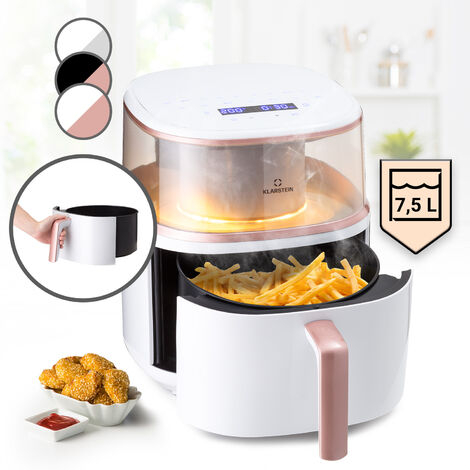 Klarstein Heißluftfriteuse, XL Air Fryer zum Frittieren, Friteuse mit Dampffunktion, Temperaturwahl und 16 Programme, Airfryer zum Luftfritieren, Heißluftfriteuse ohne Öl 1500 W, 7,5 Liter