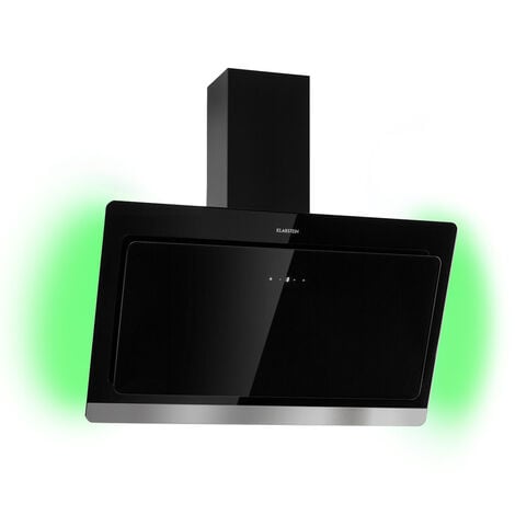 Klarstein Hotte Aspirante 90 cm, Hotte Aspirante Inclinée Silencieuse, Hotte de Cuisine 90cm avec Lampes LED RGB, Débit d'Air Puissant 563 m³/h, Efficacité Energétique Classe A, Hotte avec Évacuation - Noir