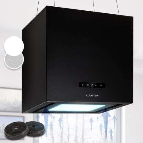 Klarstein – Hotte aspirante îlot 595 m³/h – Panneau LED 6500K – Contrôle WiFi avec application – Classe A – Installation plafond