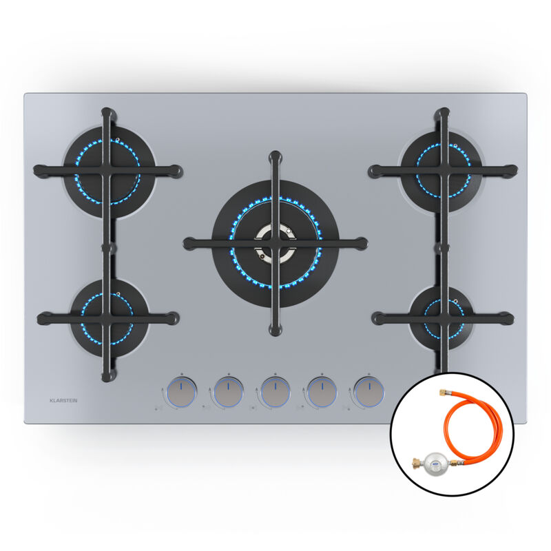 Klarstein Illuminosa 5 Gaskochfeld - 5 Sabaf-brenner, Edelstahl, 4 Kw Wokbrenner, Elektrische Zündung, Flammenausfallschutz, Für Flüssig- & Erdgas,
