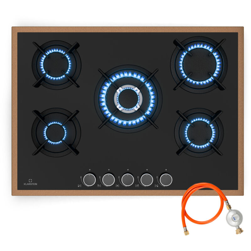 Klarstein - Lumiflame Plaque de Cuisson à Gaz, 5 Brûleurs, 10,4 kW, Cadre Cuivre, Allumage Électrique, Sécurité ffd, Surface Verre, Supports Fonte,